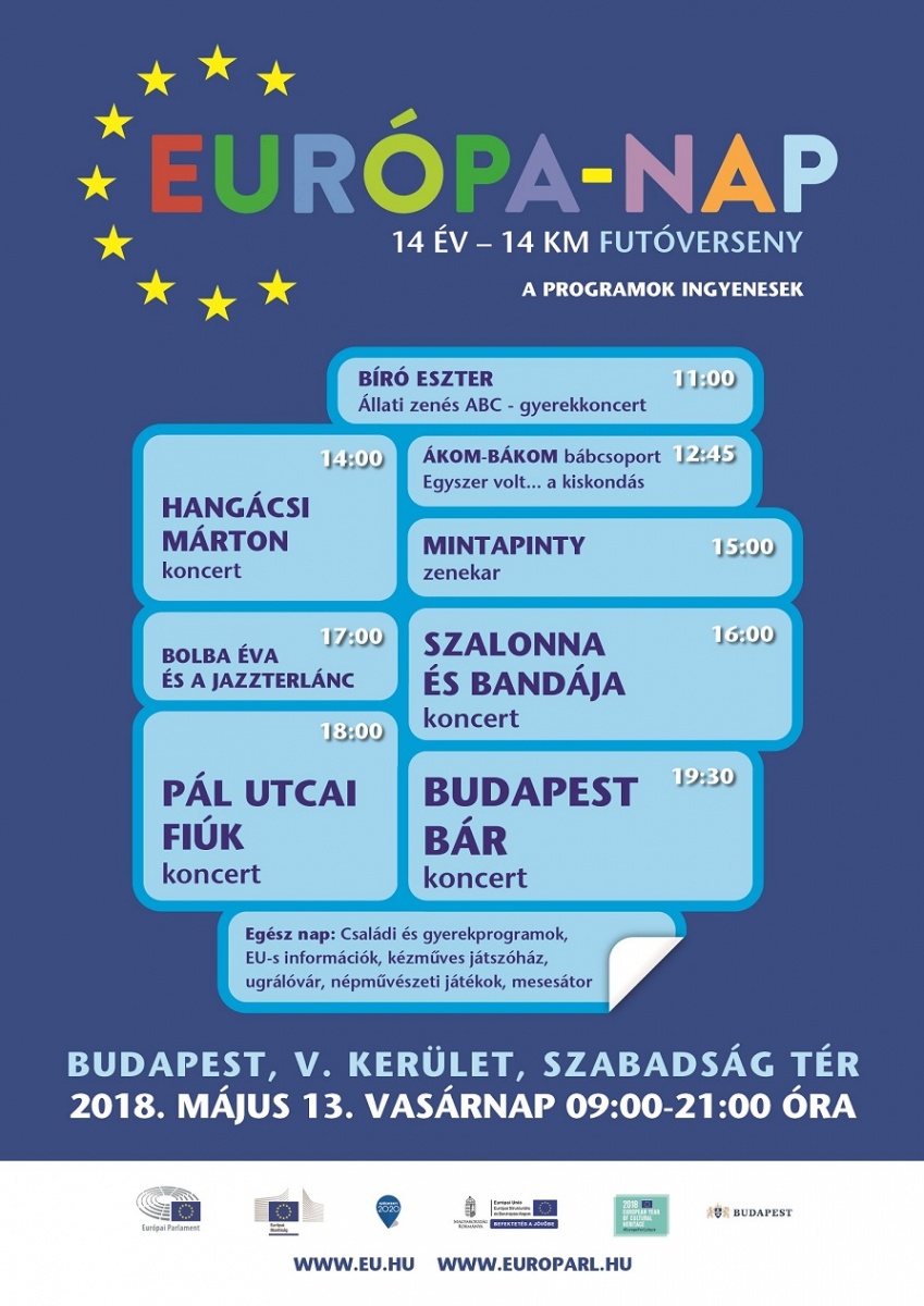 Európa-napi fesztivál és családi nap május 13-án, vasárnap 09.00 – 21.00 óra között a budapesti Szabadság téren!