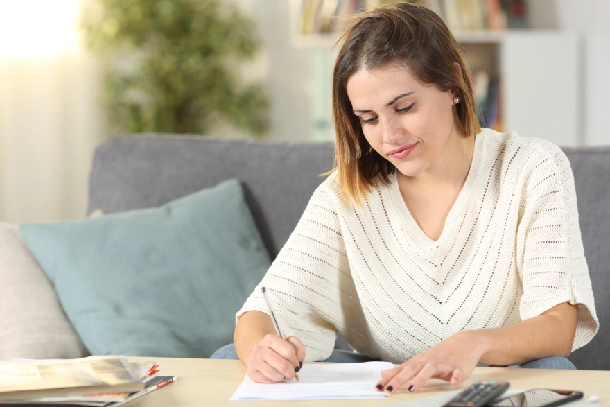 nő dokumentumot tölt ki