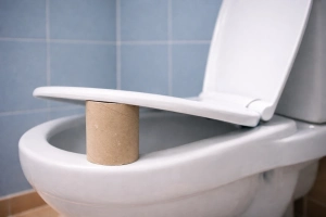 wc-papírral kitámasztott wc deszka